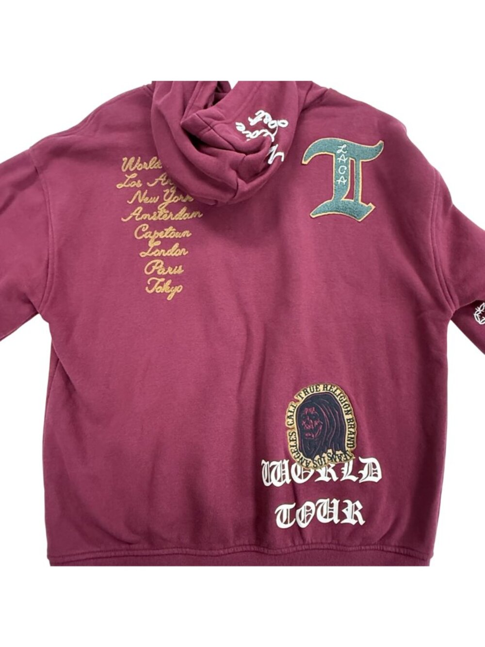 True Religion Men's Relaxed Fit Patch Graphic Hoodie Burgundy - Picture 7 of 16